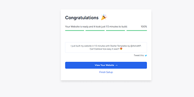 sitebuilt Astra setup message saying the website is ready and took 1.5 minutes to build