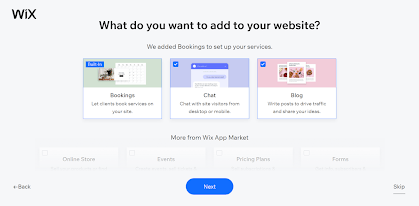 Screen with three service options to add “Bookings”, “Chat”, or “Blog”