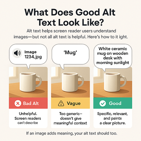 Examples of good vs bad alt text for screen readers: 'Image1234.jpg' is unhelpful, 'Mug' is too vague, and 'White ceramic mug on wooden desk with morning sunlight' is specific and useful.
