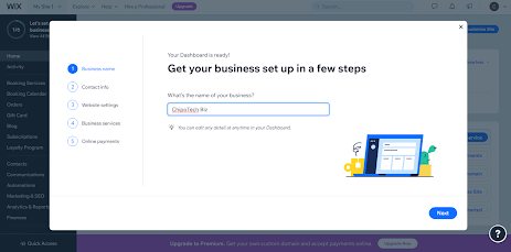 Screen option where you name your business