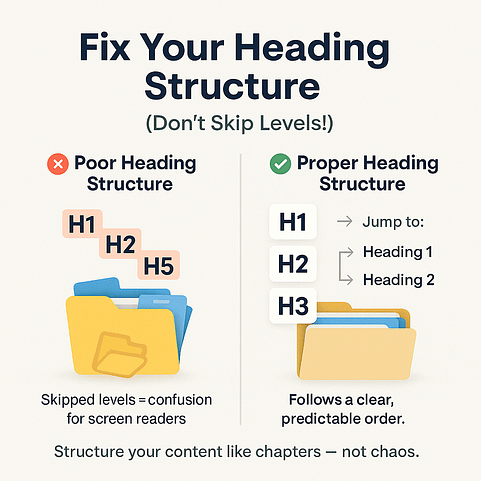 Comparison of poor vs proper heading structure. Poor structure skips levels (e.g., H1 → H2 → H5), confusing screen readers. Proper structure follows a predictable H1 → H2 → H3 order for clarity.