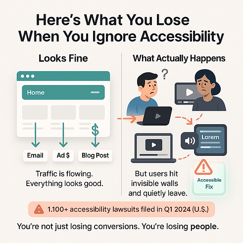 Illustration showing what’s lost when accessibility is ignored: websites may look fine, but users hit invisible barriers and leave. Includes a stat: over 1,100 accessibility lawsuits were filed in Q1 2024 in the U.S