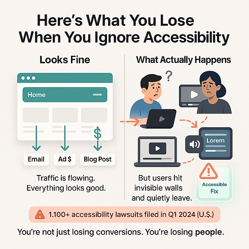 Illustration showing what’s lost when accessibility is ignored: websites may look fine, but users hit invisible barriers and leave. Includes a stat: over 1,100 accessibility lawsuits were filed in Q1 2024 in the U.S