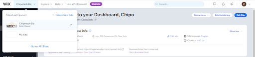 Wix Dashboard header