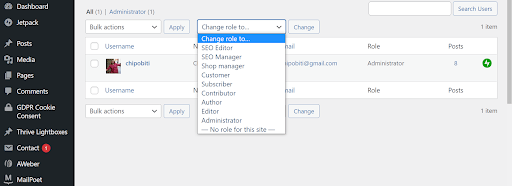 “Users” tab in WordPress Dashboard