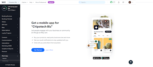 Mobile app setup wizard in Wix
