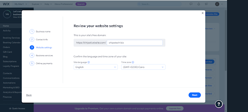 Screen option where you finalize your free Wix domain