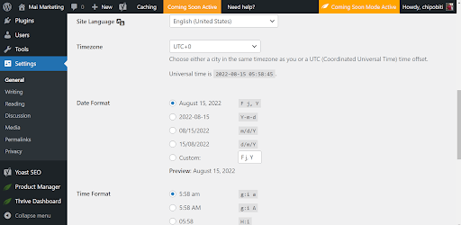 Snapshot of a few general settings in the WordPress Dashboard