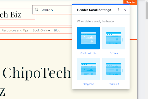 Customization settings for your site header in Wix