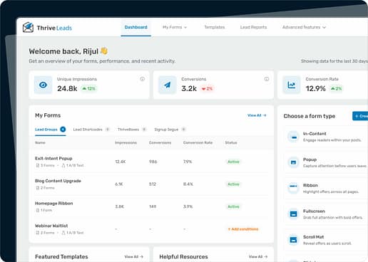 Welcome back banner with three stat cards (Impressions, Conversions, Conversion Rate) on Thrive Leads dashboard.