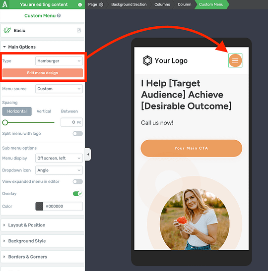 Mobile view flattened hamburger menu with arrow