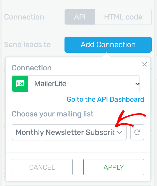 Select MailerLite list for Thrive Leads form