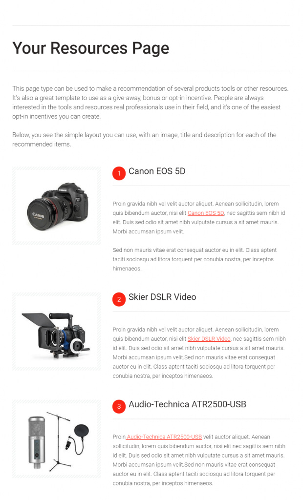 Review resources affiliate landing page
