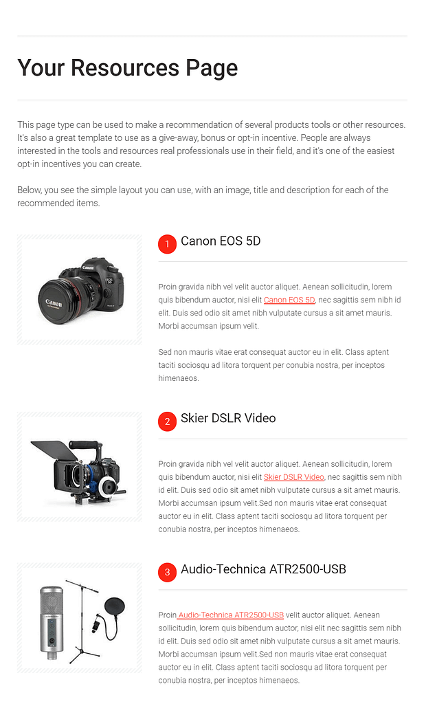 Review resources affiliate landing page