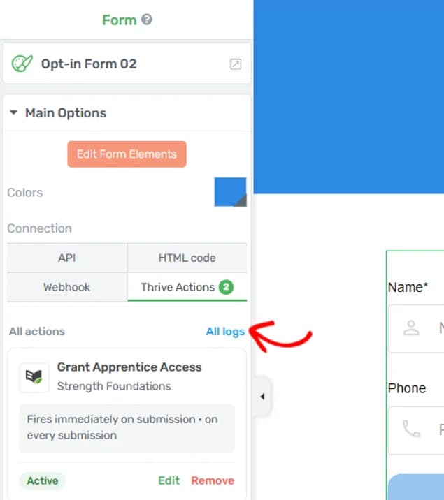 Thrive Actions tab with saved actions and an arrow pointing at the All logs link