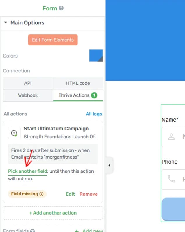 Thrive Actions tab with a Start Ultimatum Campaign card labeled Field missing and an arrow pointing at the Pick another field link