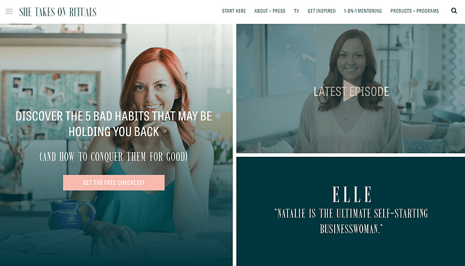 Call-to-action examples on She Takes on the World homepage: Get the free checklist Call-to-action examples on 'She takes on the world'