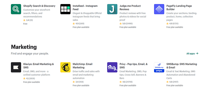 Snapshot of apps in the Shopify App Store