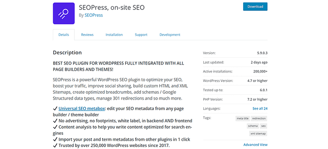 Product description of SEOPress plugin