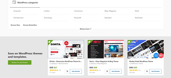 Snapshot of themes being sold on ThemeForest