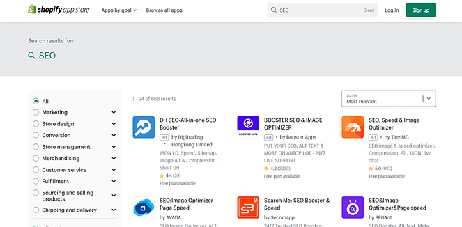 Available SEO apps in the Shopify App Store