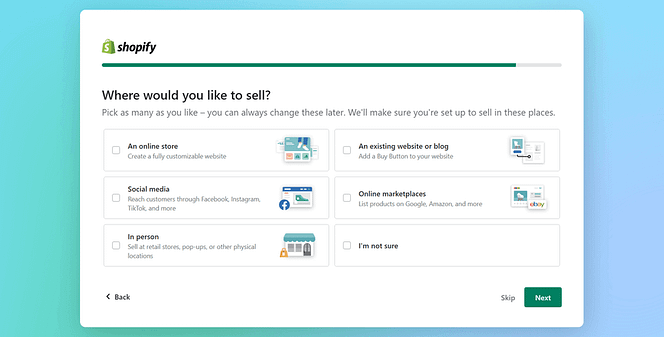 Snapshot of a step in the Shopify setup wizard