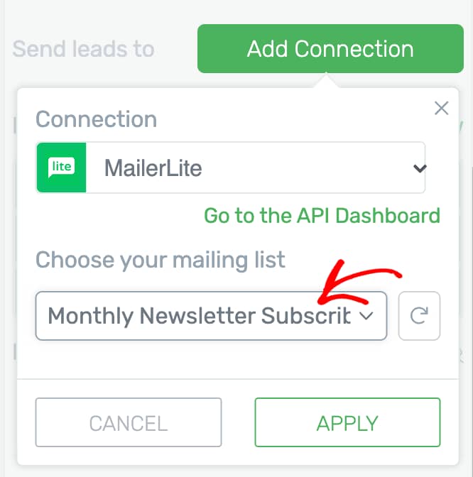 Select mailing list for lead generation element
