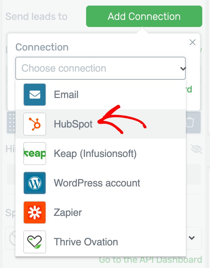 Select HubSpot to connect with lead generation element