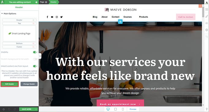 edit header in thrive theme builder