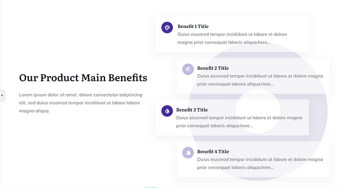 Screenshot of a "Benefits" section in a Landing Page Template