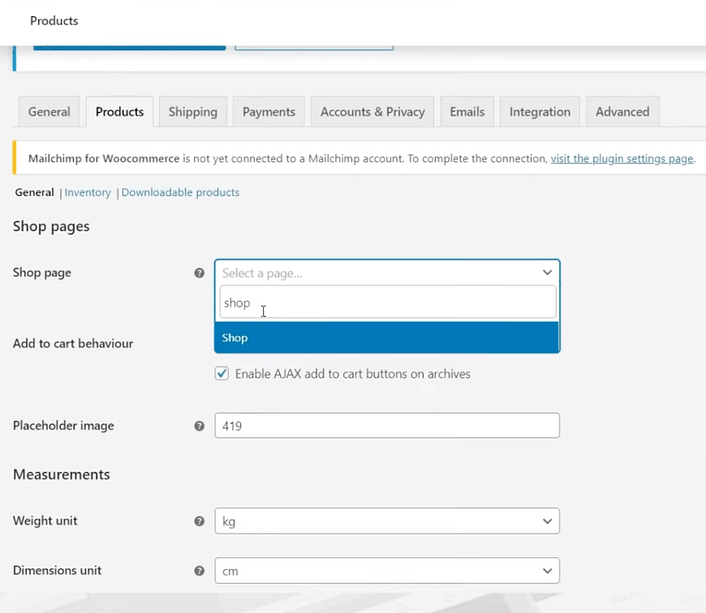 "Shop page" settings under the "Products" tab in WooCommerce