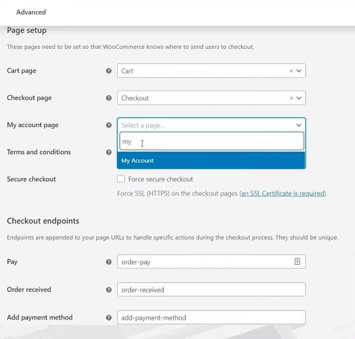 "Page Setup" displaying dropdown menus for the "Cart page", "Checkout page" and "My Account".