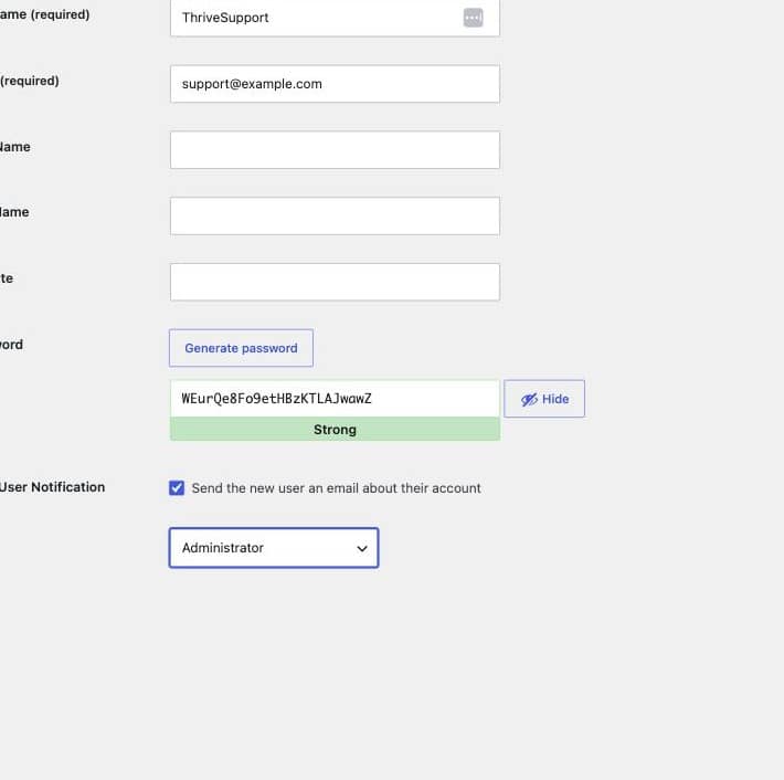 WordPress Add User form filled out with a generated password and the Role set to Administrator