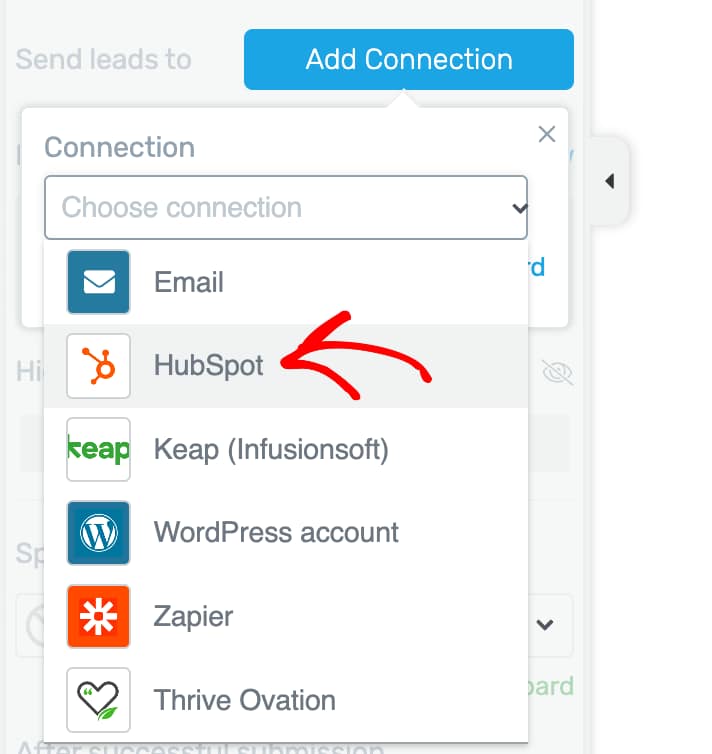 Select HubSpot t connect to Thrive Leads form