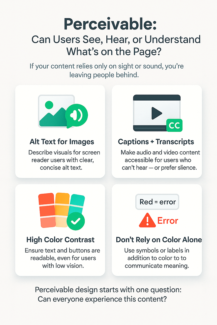 Four guidelines for perceivable content: use clear alt text for images, provide captions and transcripts, maintain high color contrast, and don’t rely on color alone to convey meaning.