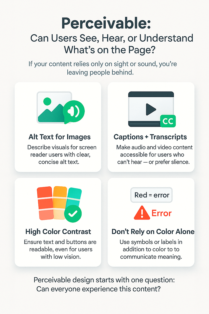 Four guidelines for perceivable content: use clear alt text for images, provide captions and transcripts, maintain high color contrast, and don’t rely on color alone to convey meaning.