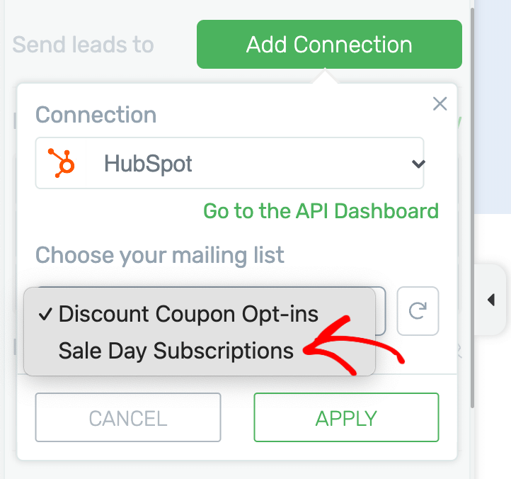 Select HubSpot list for lead generation element