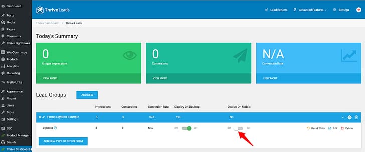 Mobile Opt-In Form Display toggle switch