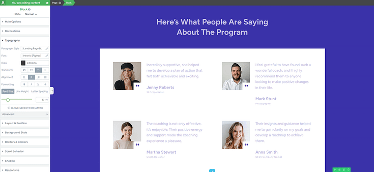 Testimonial block in Thrive Architect