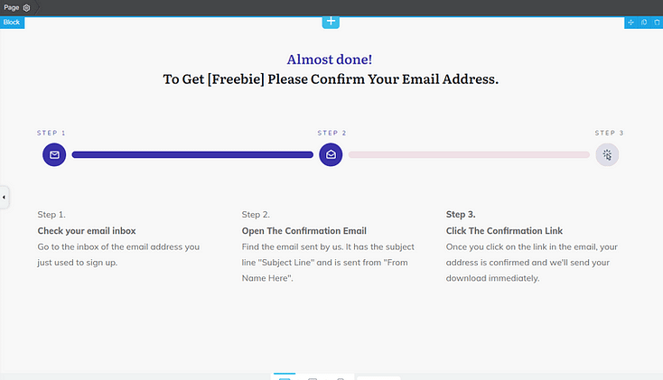 Screenshot of loaded confirmation page template in Thrive Architect