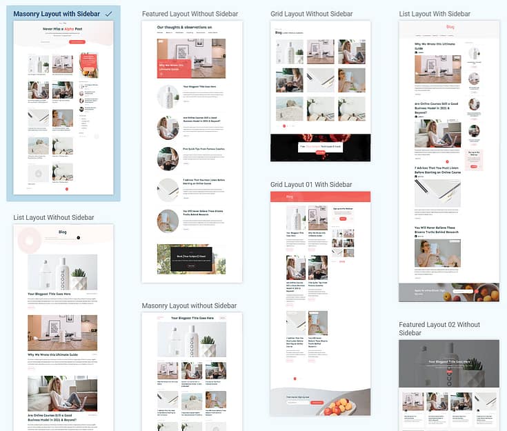 Screenshot of blog post list templates from one of Thrive Theme Builder's themes.