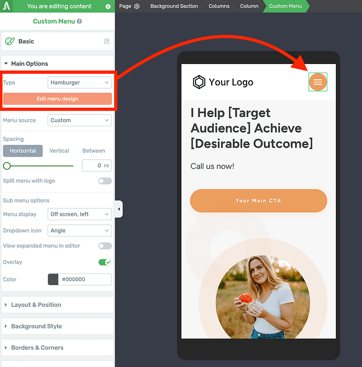 Mobile view flattened hamburger menu with arrow