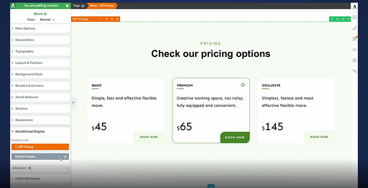 Second display highlighting discounted pricing using Conditional Display in Thrive Architect