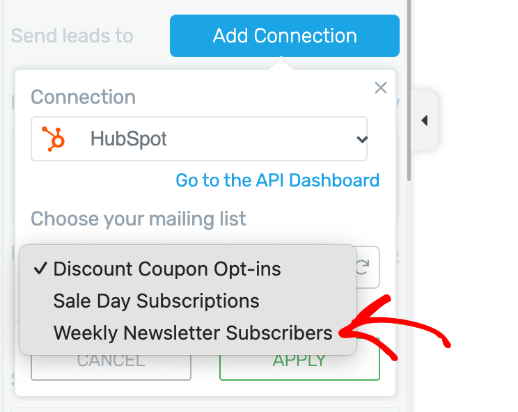 Select the HubSpot list you want to integrate Thrive Leads to