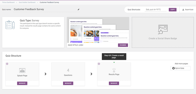 Screenshot of a quiz's specific dashboard in Thrive Quiz Builder