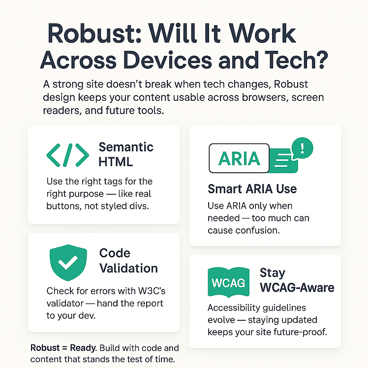 Four tips for making websites robust and future-ready: use semantic HTML, apply ARIA labels only when needed, validate code with W3C tools, and stay updated with WCAG accessibility guidelines.