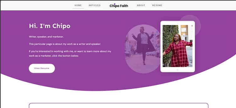 Hero section introducing Chipo Faith with purple curved background; left side shows the text 'Hi. I'm Chipo' and introductory paragraphs, while a tablet-shaped graphic on the right displays a portrait of a smiling woman in a red plaid dress.