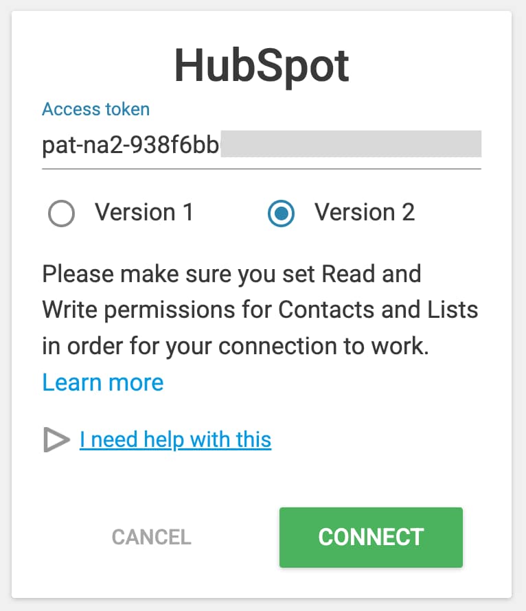 Enter HubSpot access token to build version 2 API connection