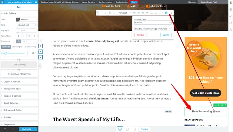 Add your Remaining Reading Time indicator to the middle of your Sticky Sidebar