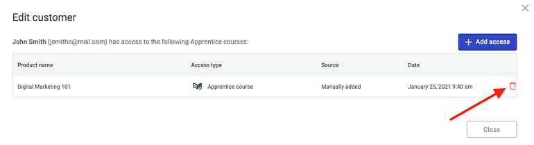 Delete access rights for individual customers inside the Thrive Apprentice dashboard